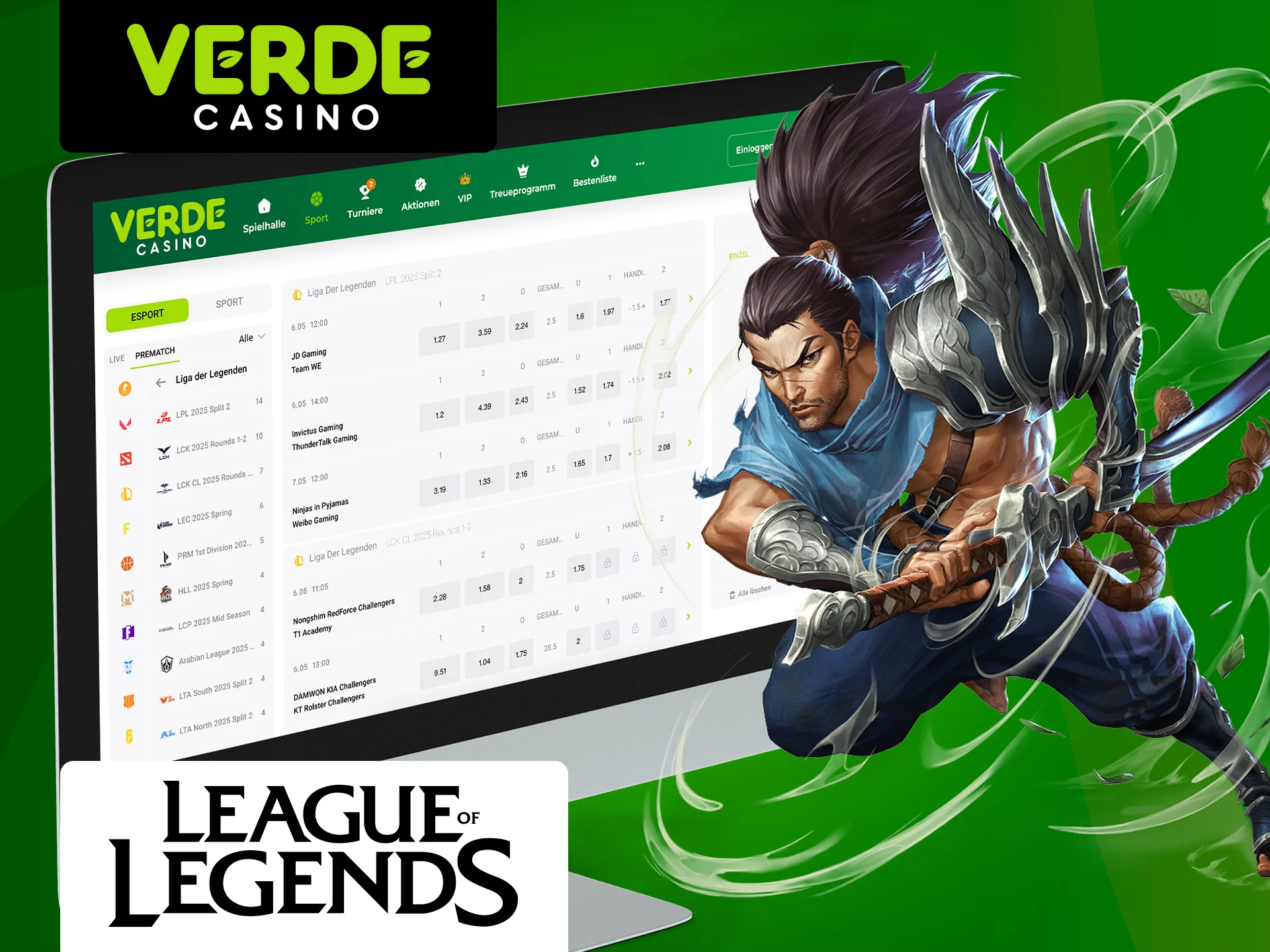 Wetten Sie auf den Gewinner eines Spiels in League of Legends bei Verde Casino.