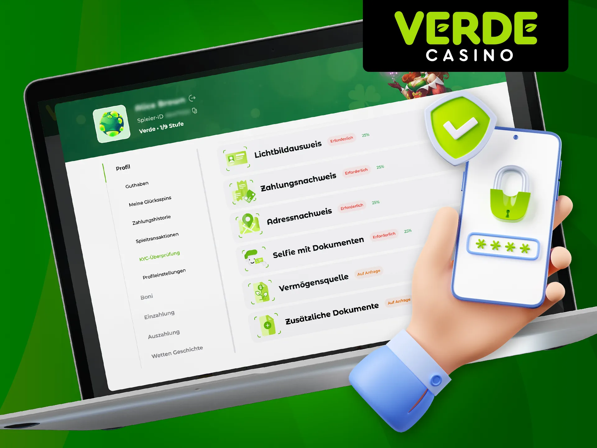Machen Sie sich mit den Schritten zur KYC-Überprüfung bei Verde Casino vertraut.
