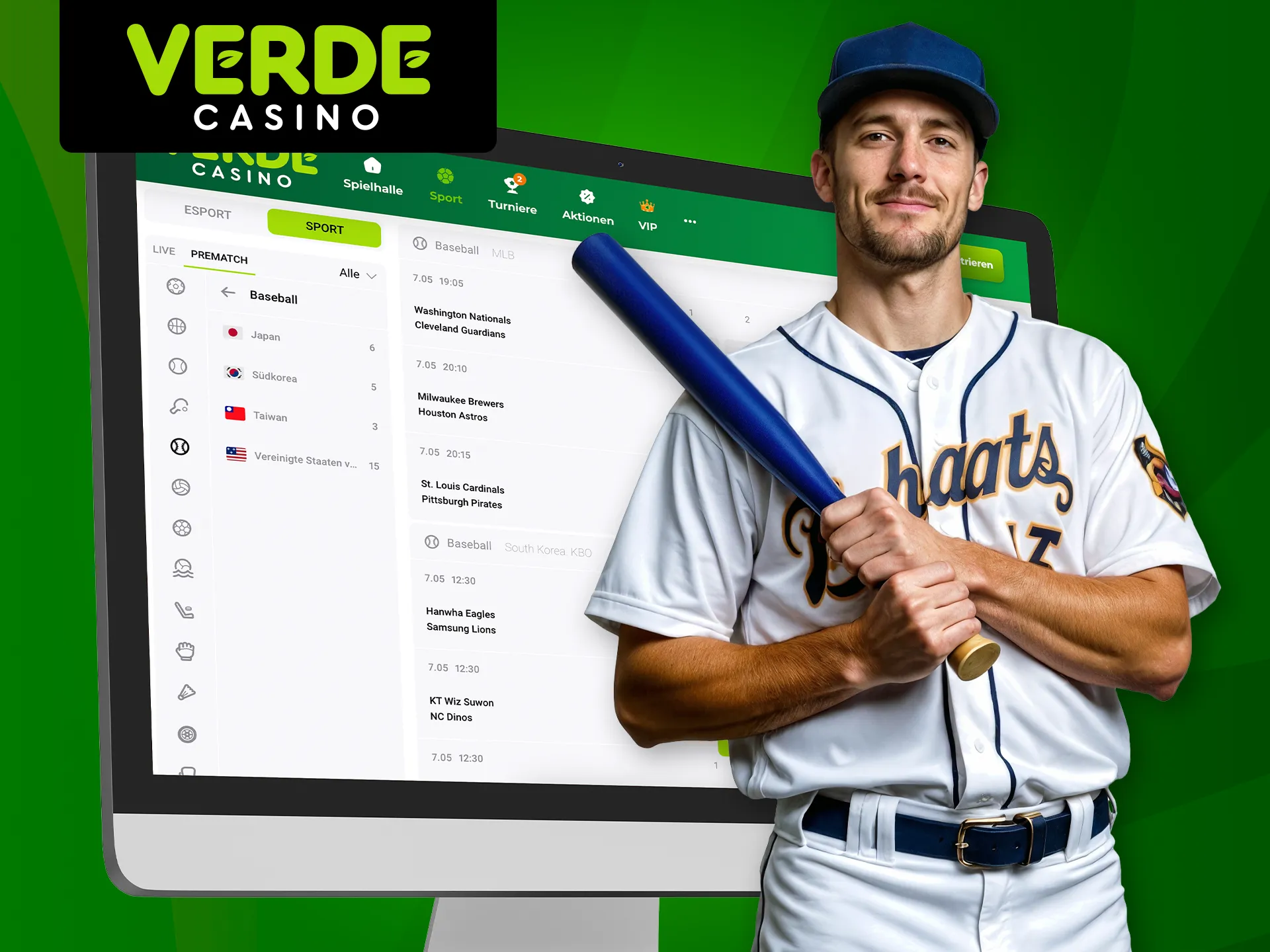 Schauen Sie sich Baseball an und wetten Sie auf Sport bei Verde Casino.