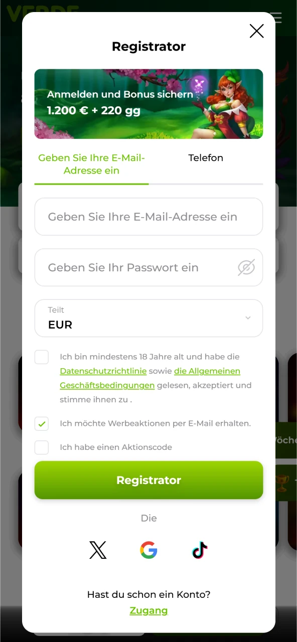 Erstellen Sie ein Konto auf der offiziellen Verde Casino Seite einfach und schnell.