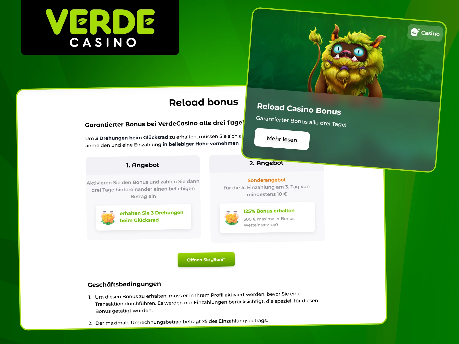 Machen Sie sich mit den Bedingungen des Reload Casino Bonus im Verde Casino vertraut.