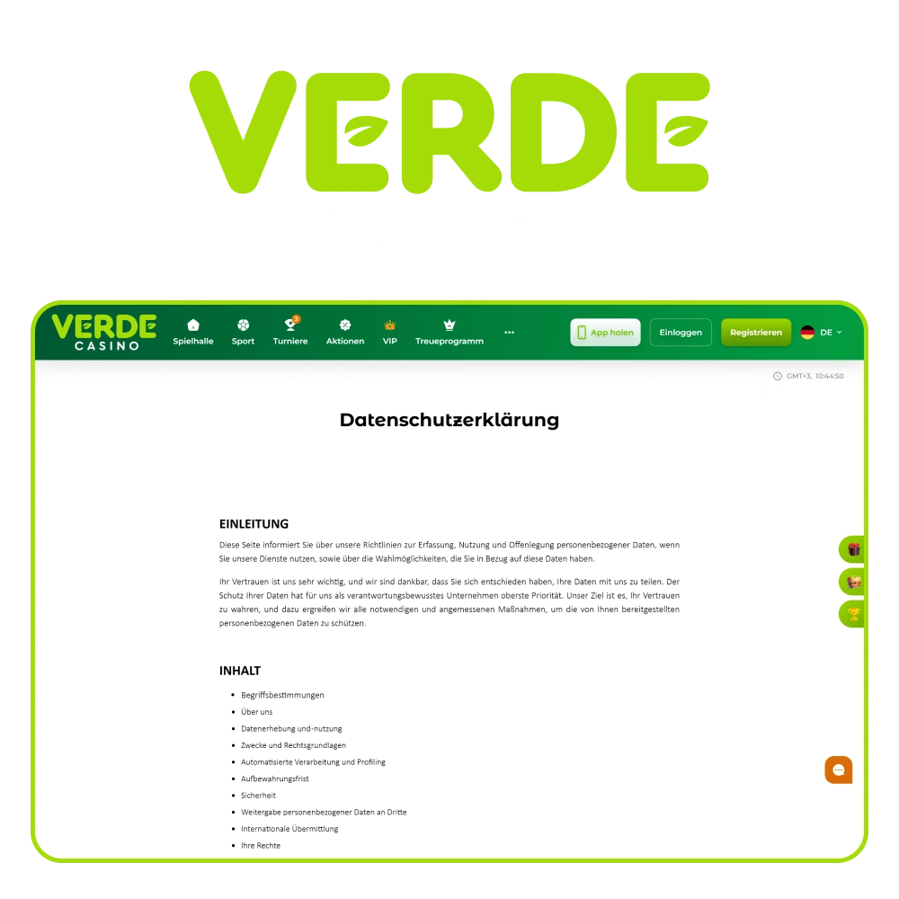 Verde Casino gewährleistet maximalen Schutz der Benutzerdaten.