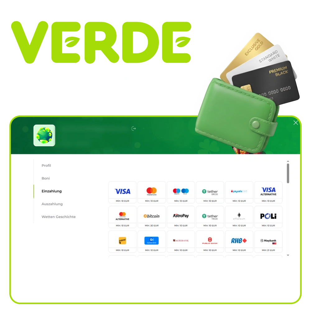 Verwenden Sie sofortige Einzahlungsmethoden in Verde.