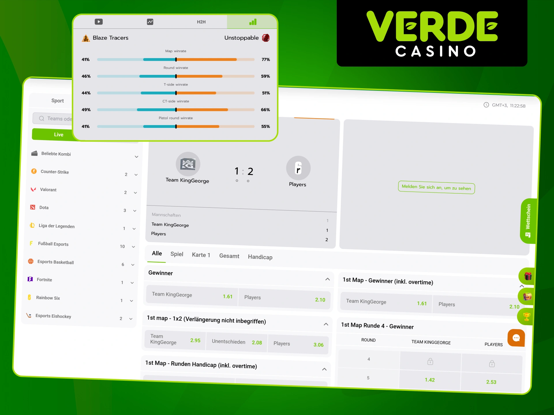 Entdecken Sie Live-Wetten auf E-Sport bei Verde Casino.