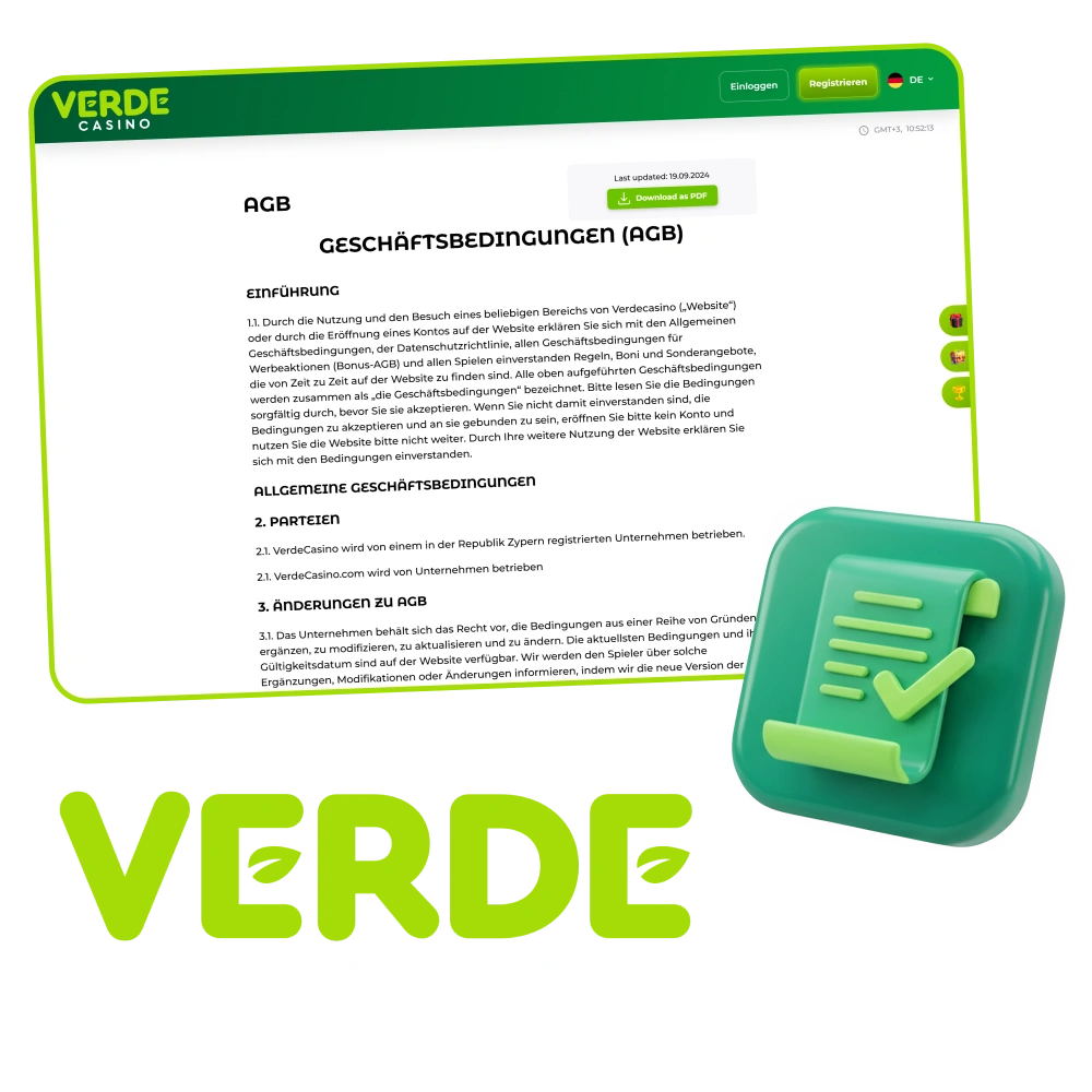 Bitte lesen und befolgen Sie die Allgemeinen Geschäftsbedingungen von Verde Casino.