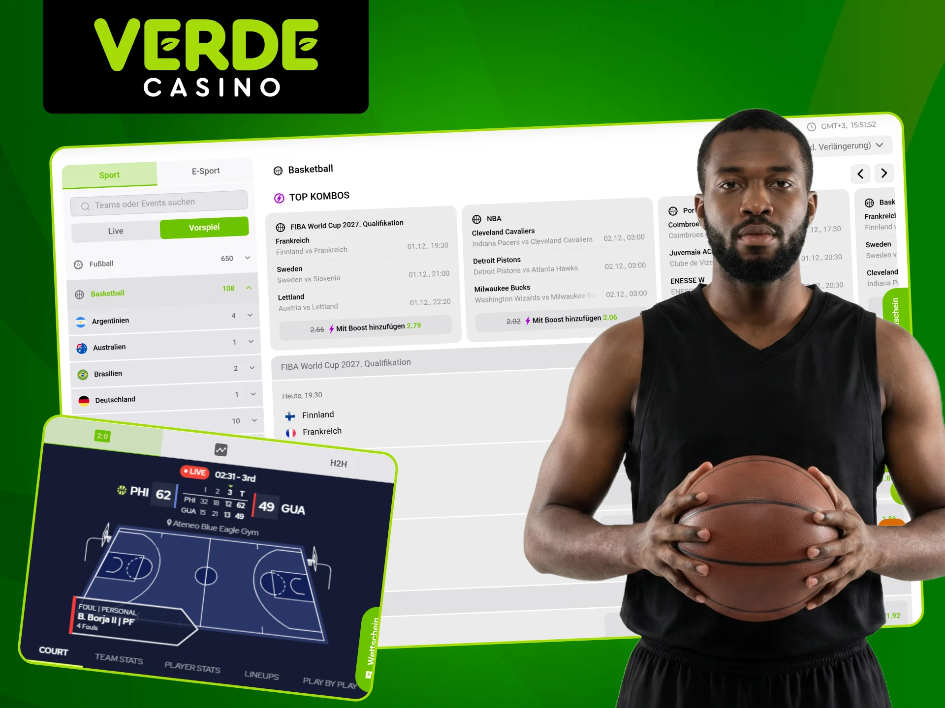 Platzieren Sie erfolgreiche Basketballwetten im Verde Casino.
