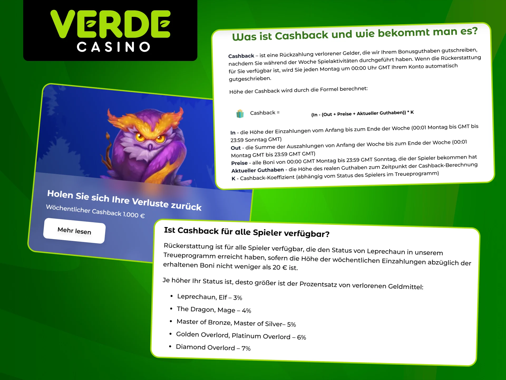 Holen Sie sich Cashback mit einem Bonus von Verde Casino.