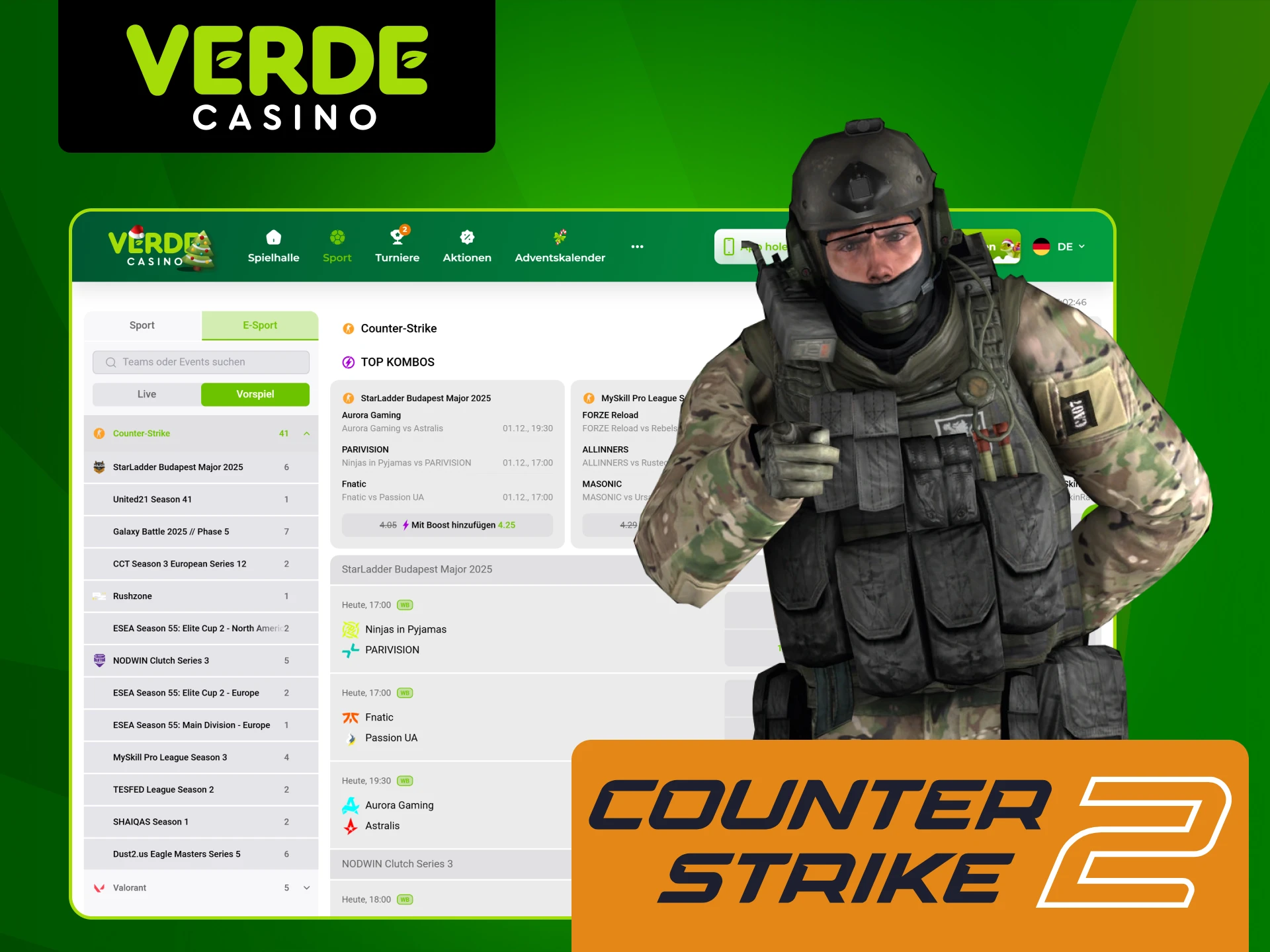 Platzieren Sie eine Wette auf Ihr Lieblings-CS2-Team im Verde Casino.