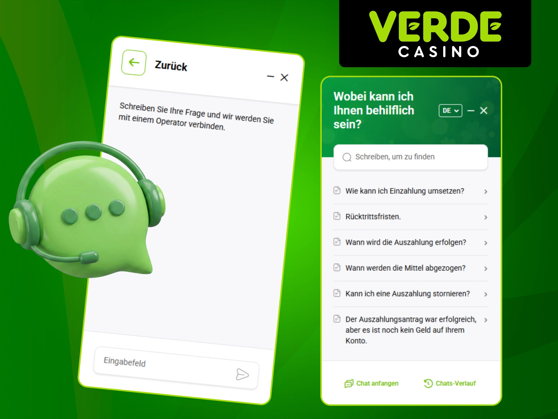 Holen Sie sich Unterstützung vom Verde Casino Team, wenn Sie sie brauchen.