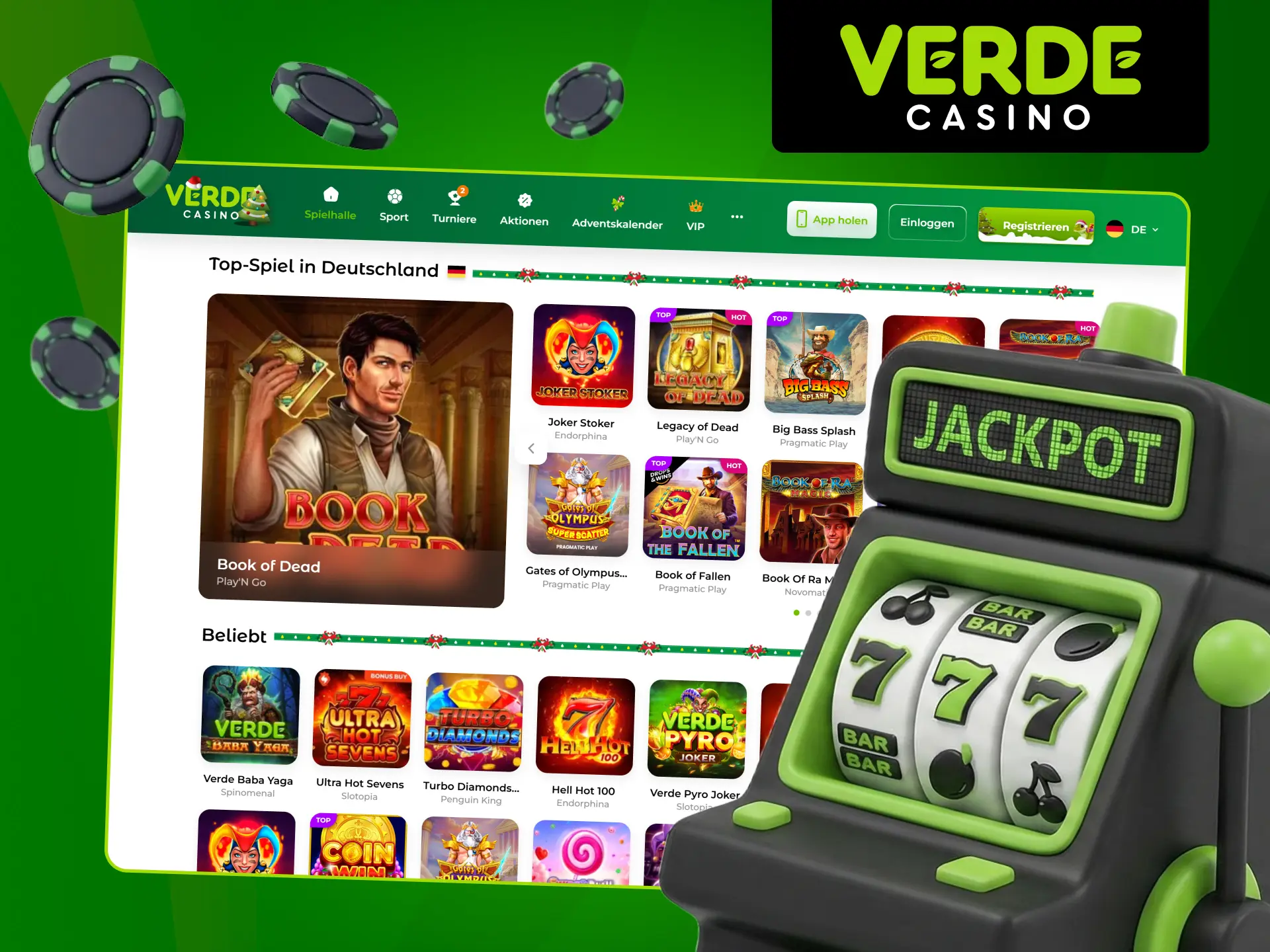 Sehen Sie sich die beliebten Spielautomaten im Verde Casino an.