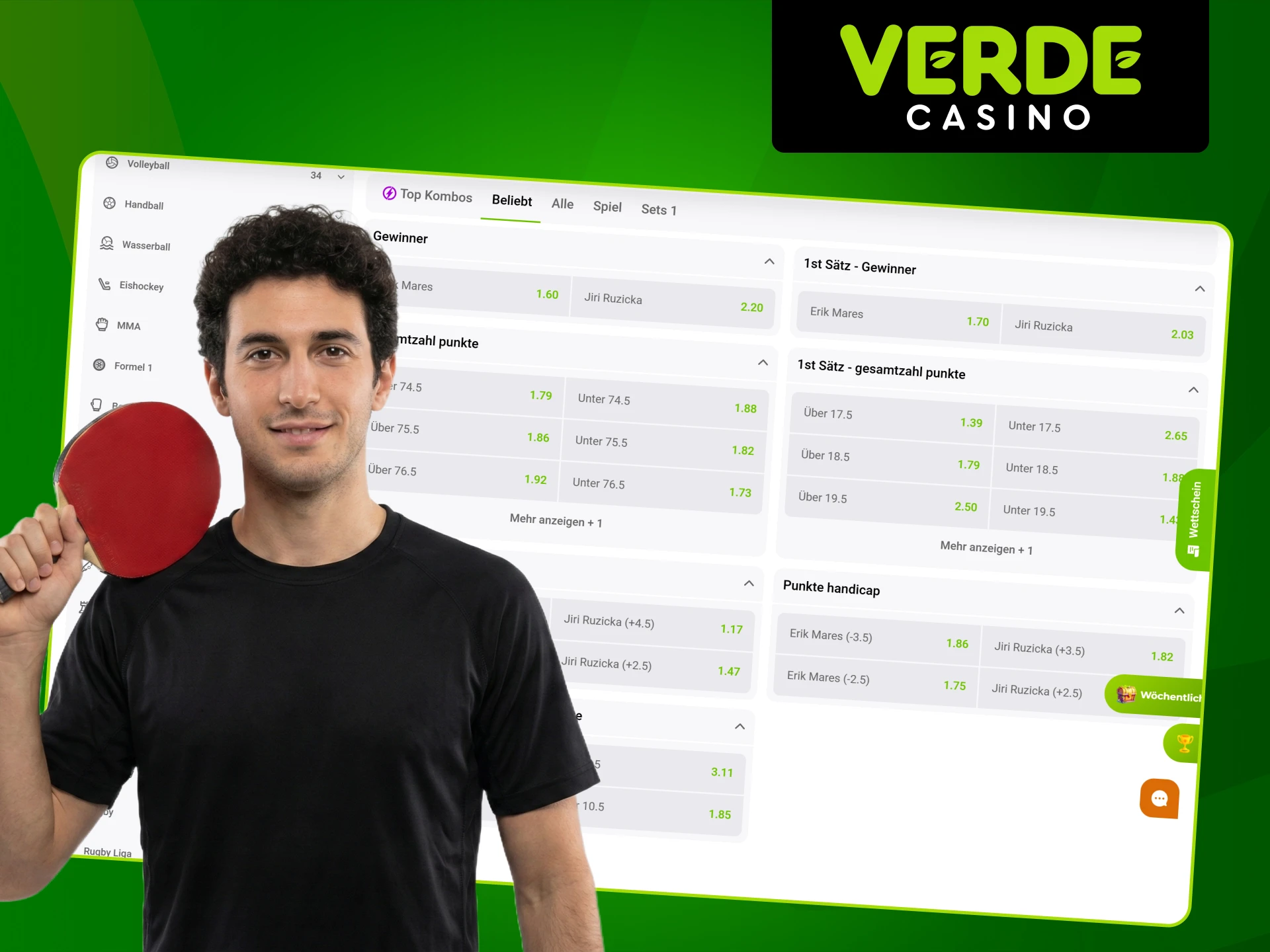 Holen Sie sich die besten Quoten für Tischtennis-Wetten im Verde Casino.