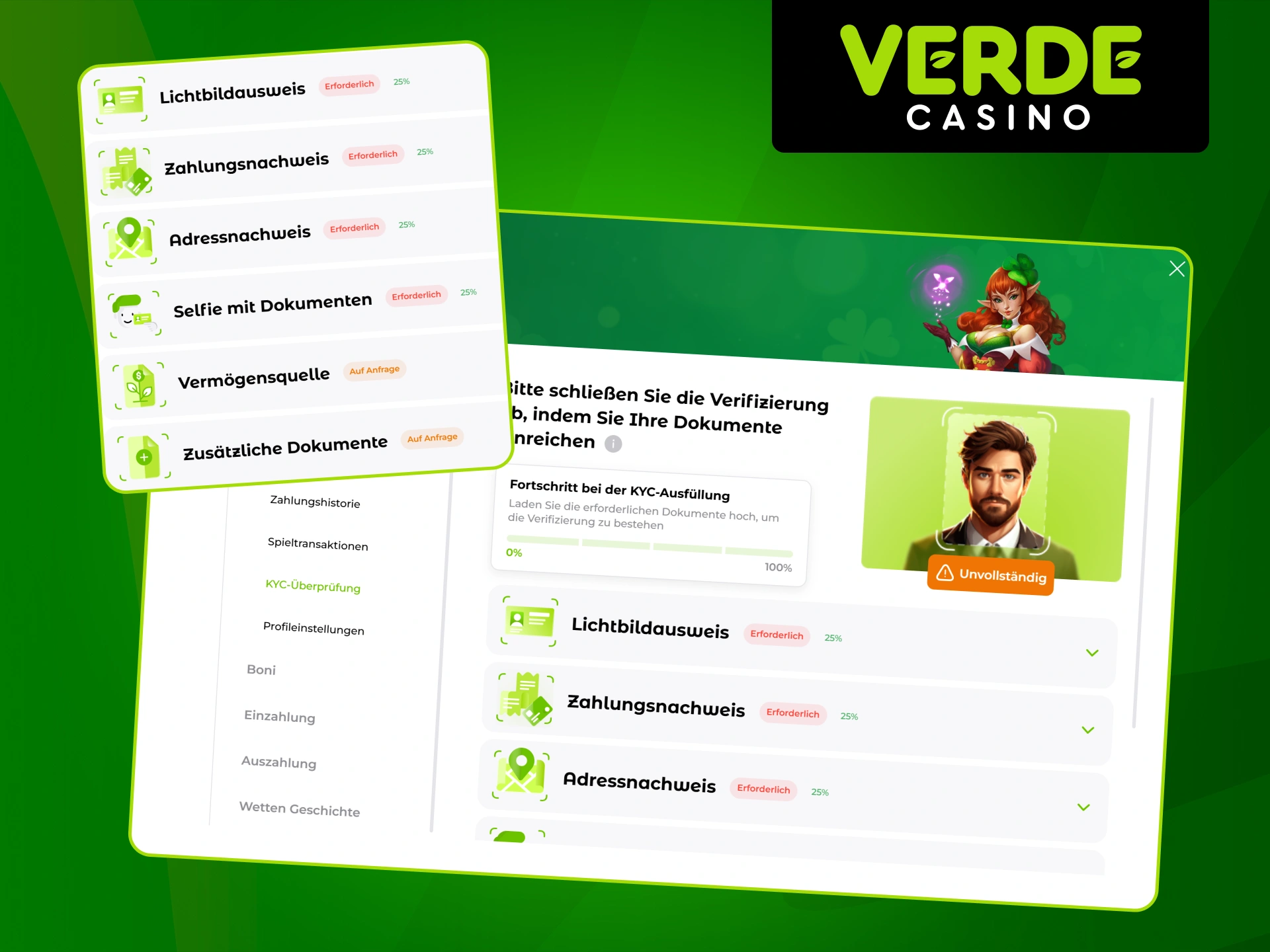 Verifizieren Sie Ihr Konto, um alle Funktionen von Verde Casino zu nutzen.