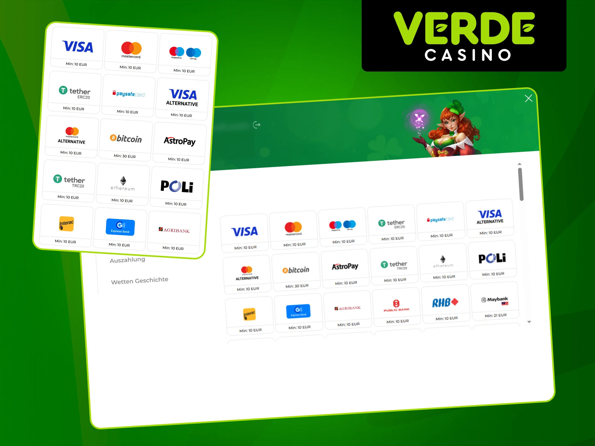 Verwenden Sie sofortige Aufladungsmethoden im Verde Casino.