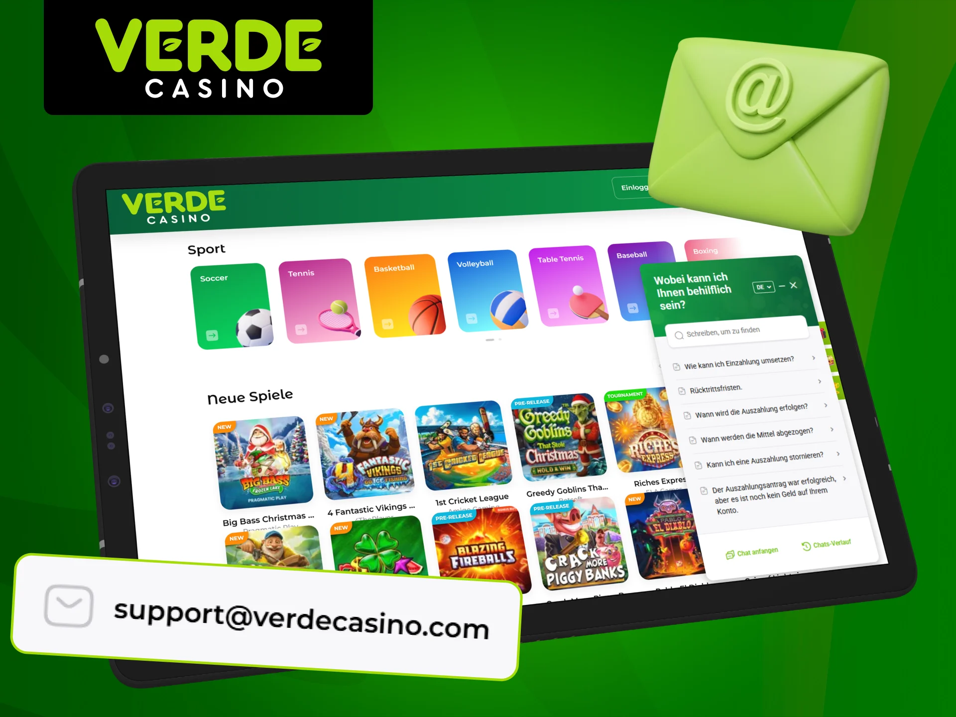 Schreiben Sie dem Verde Casino Team per E-Mail.