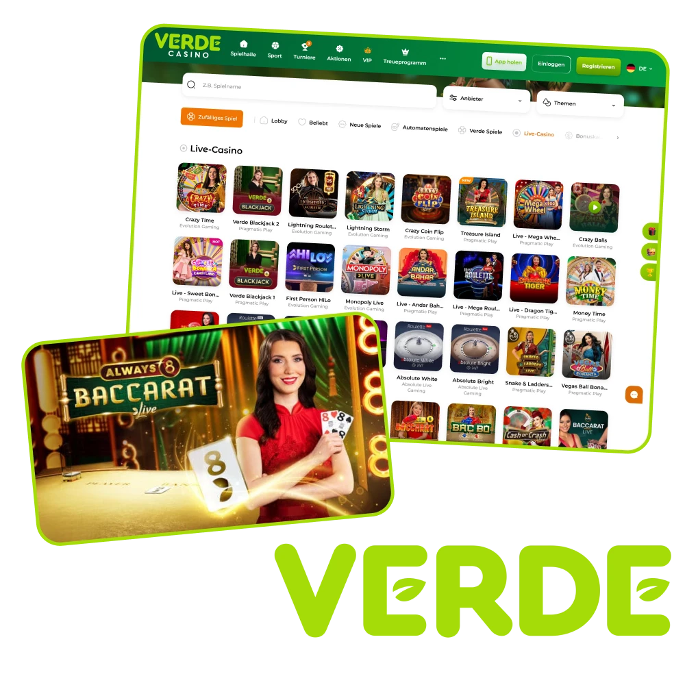 Spielen Sie mit Live-Dealern im Verde Casino.