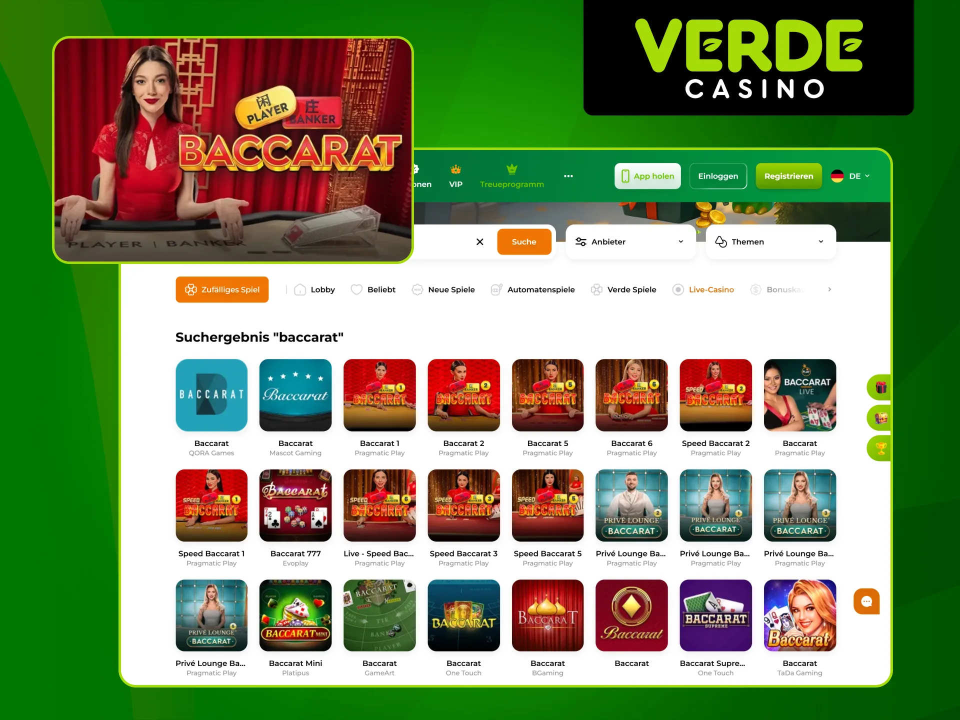 Im Verde Casino können Sie das beliebte Kartenspiel Live-Baccarat spielen.