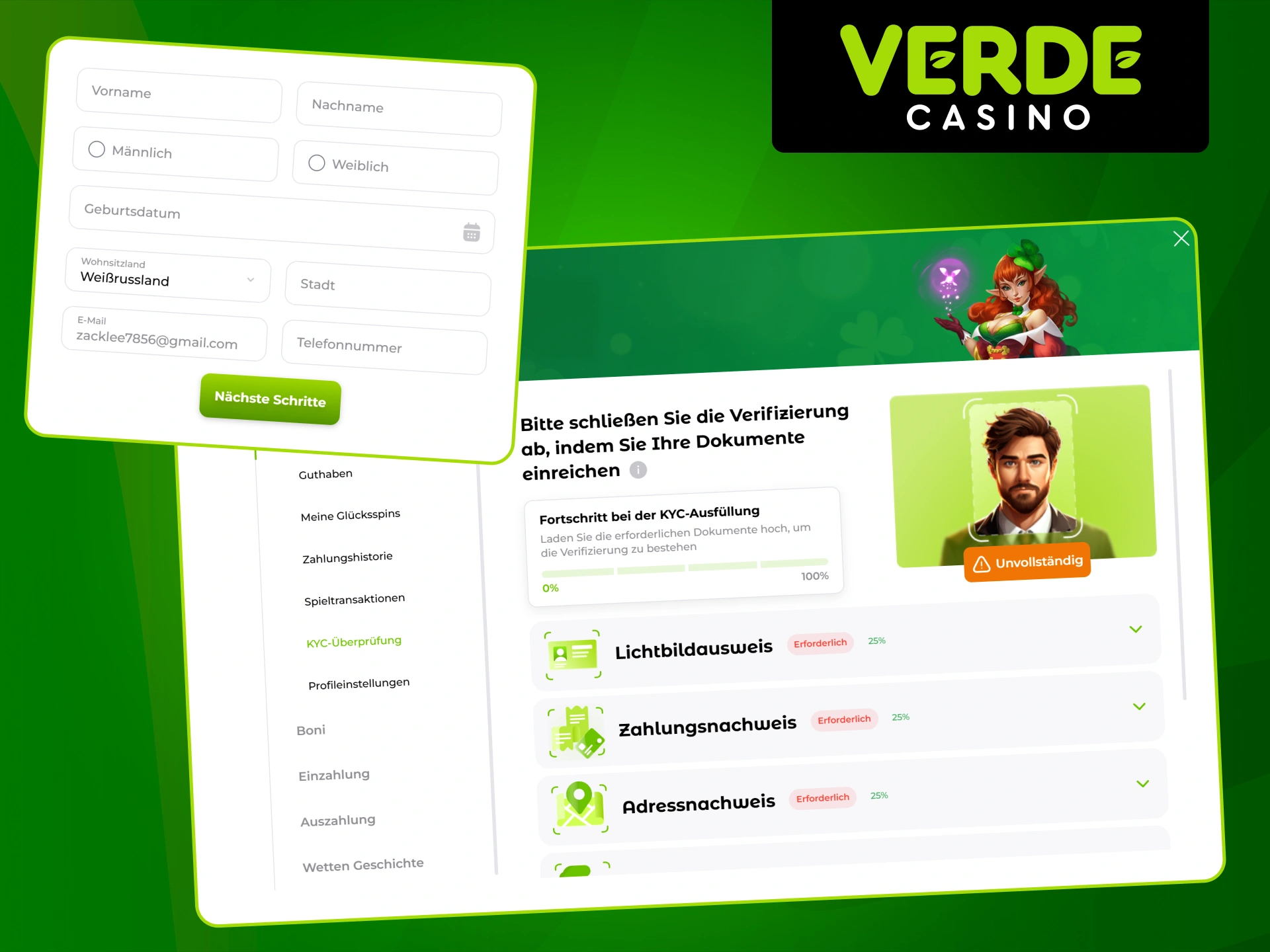Machen Sie sich mit den Schritten zur KYC-Überprüfung bei Verde Casino vertraut.