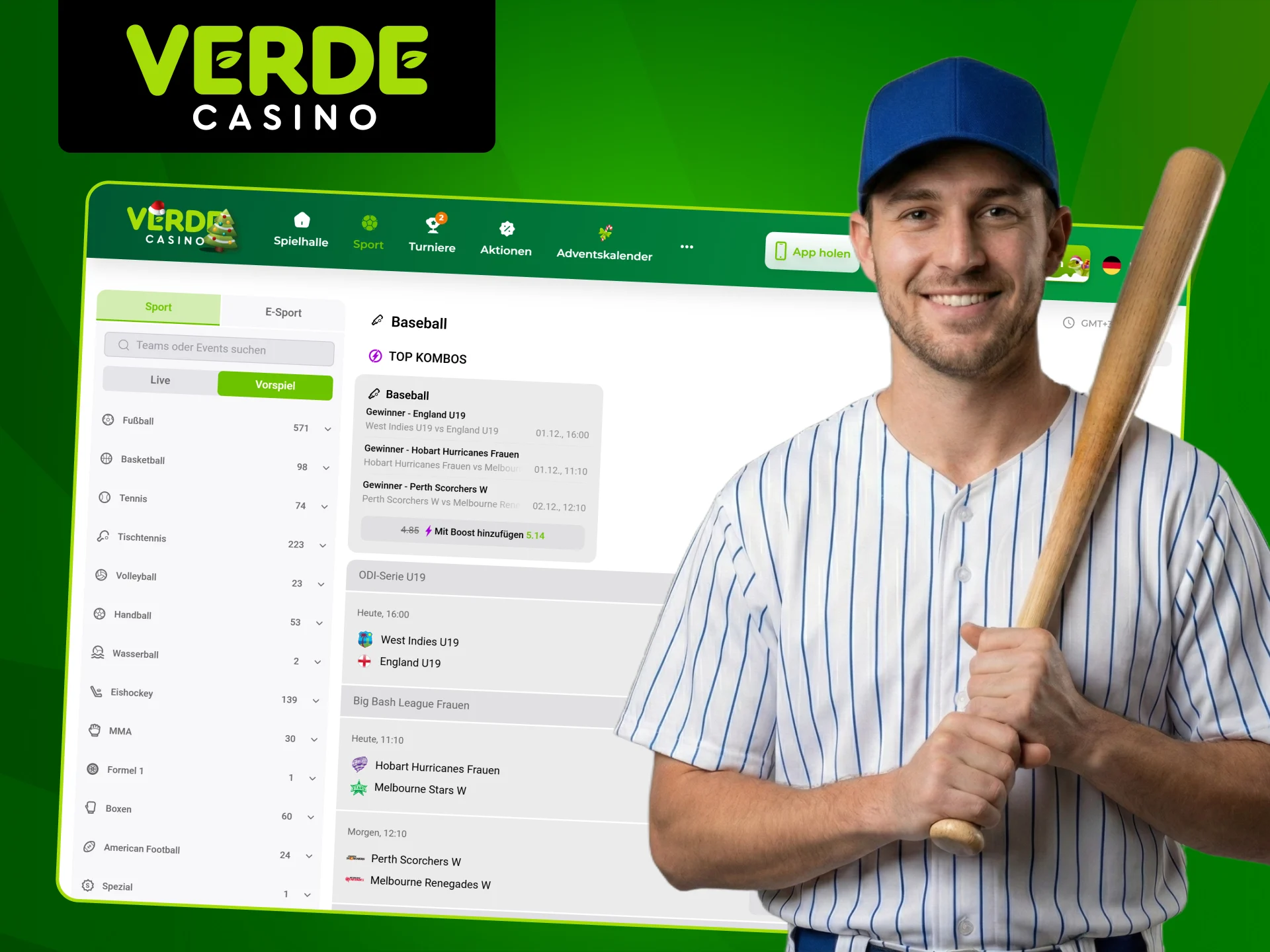 Schauen Sie sich Baseball an und wetten Sie auf Sport bei Verde Casino.