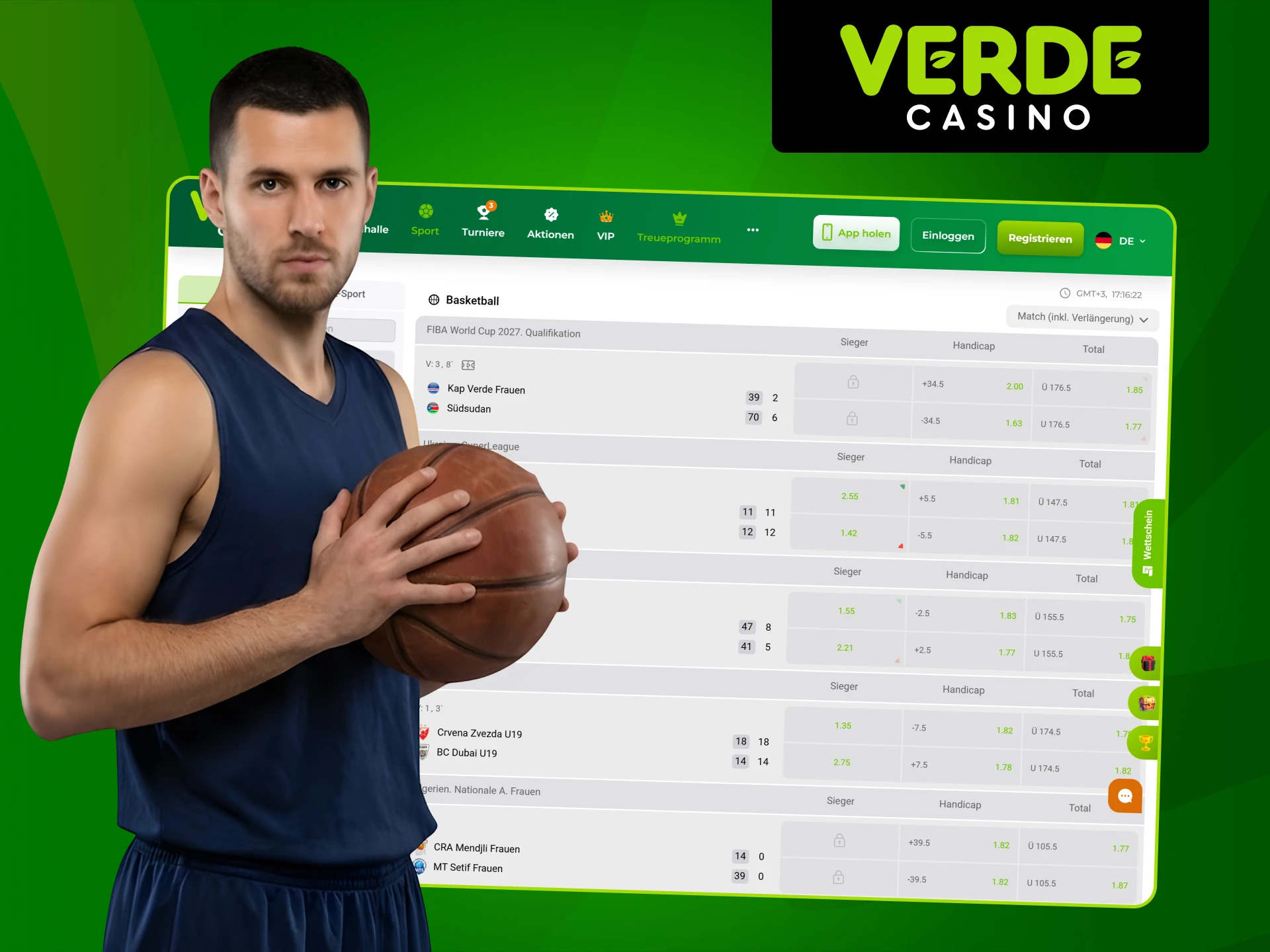 Machen Sie sich mit Basketballwetten bei Verde Casino vertraut.