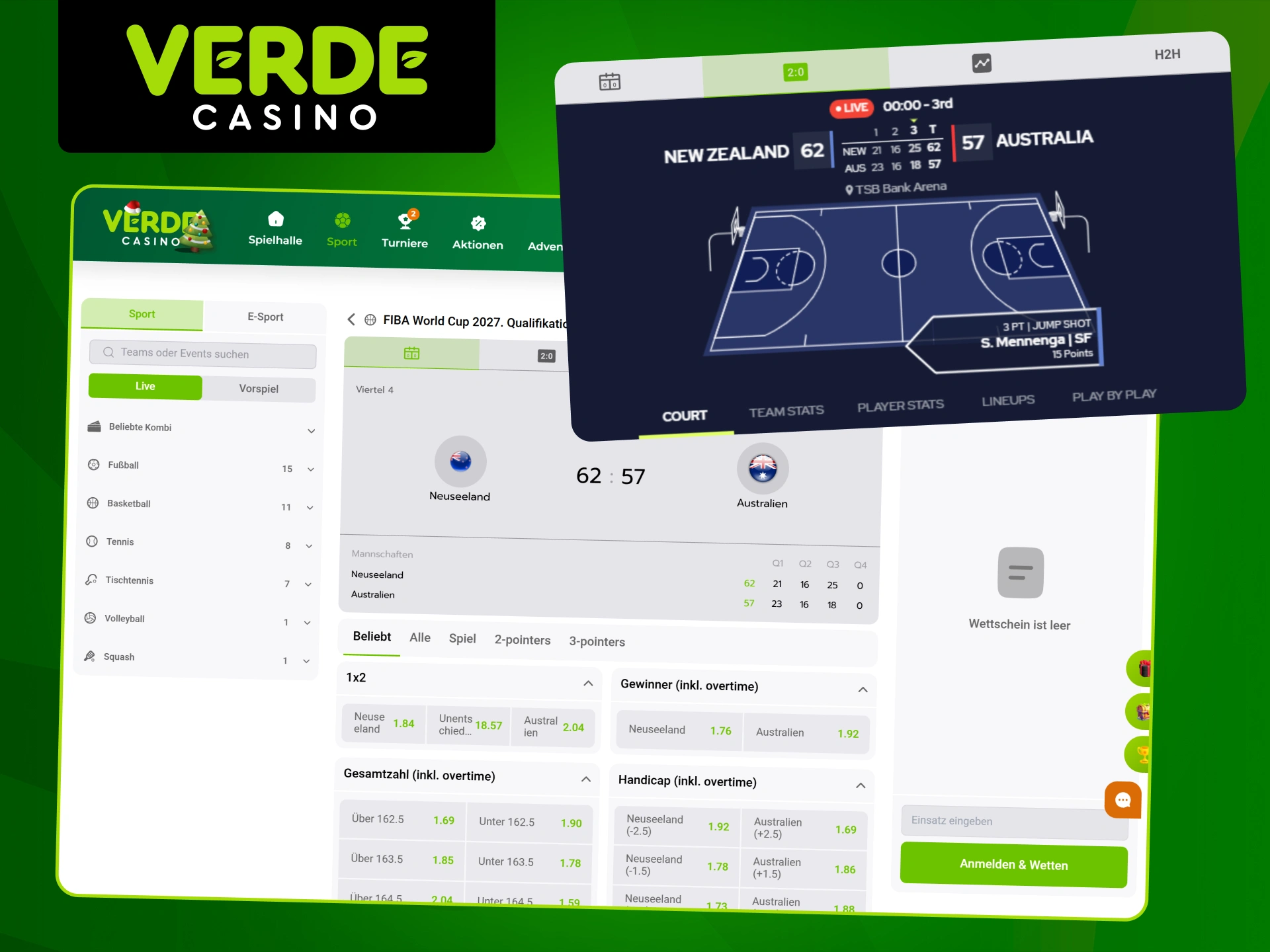 Wetten Sie in Echtzeit auf Sport im Verde Casino.